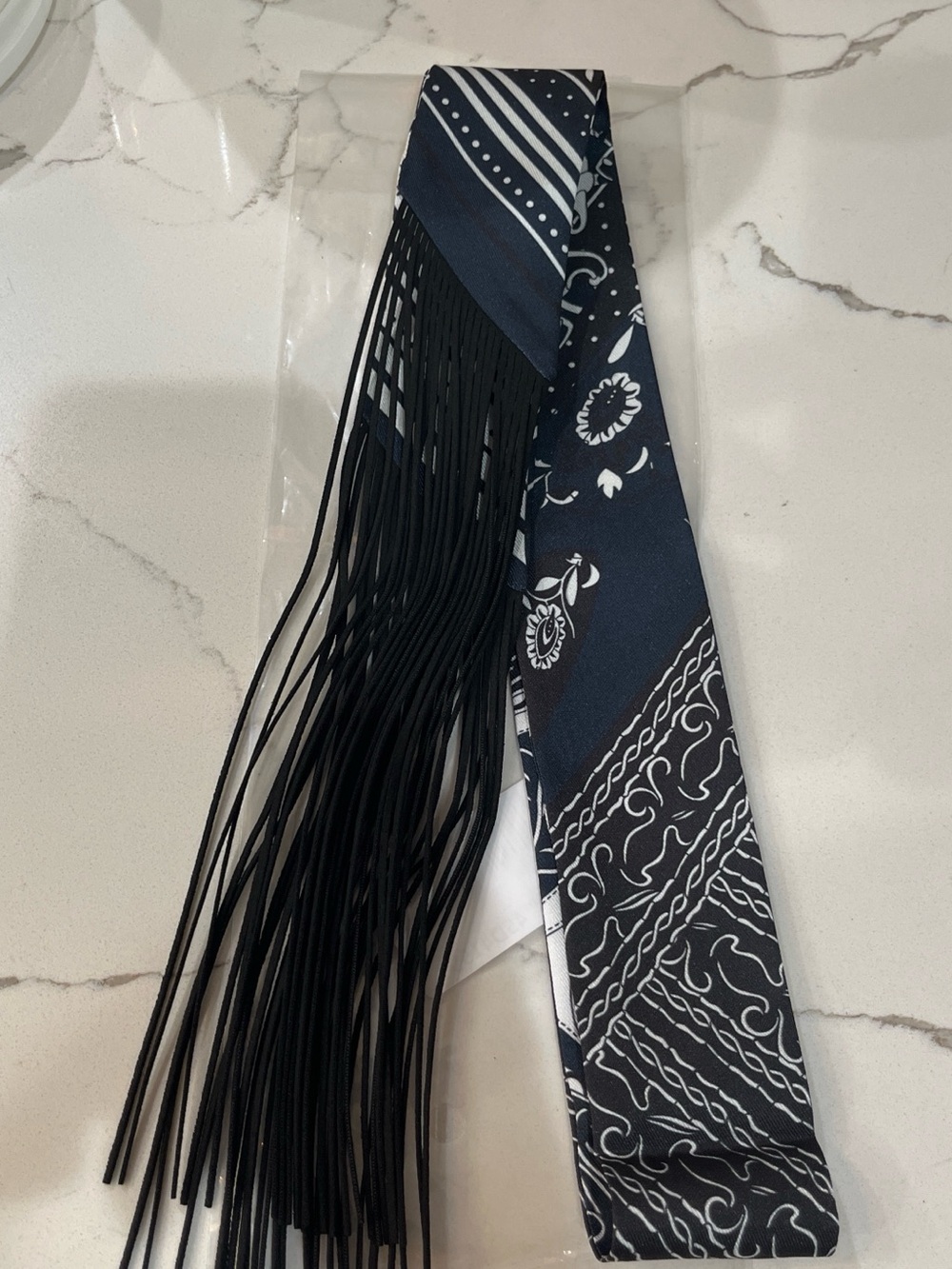 Navy and Black Bandana twillyScarf with Fringe